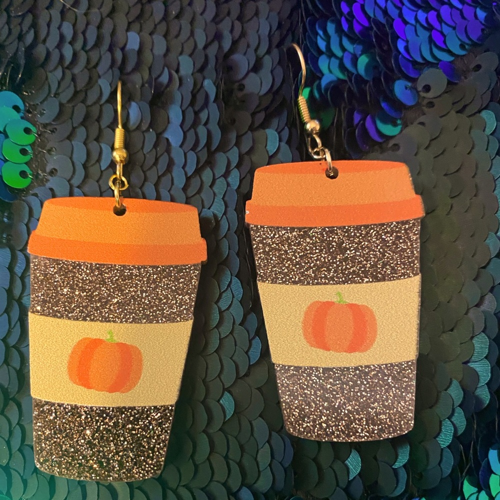 Pumpkin latte gold sparkles coffee cup earrings